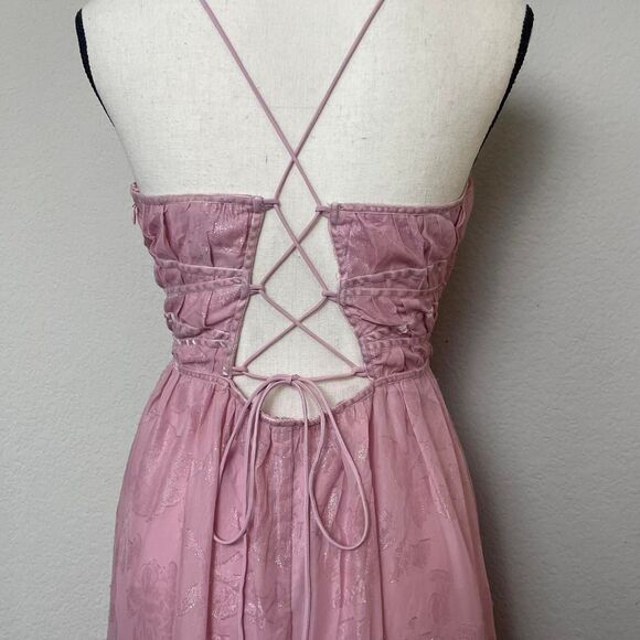 Forever 21 Pink Floral Corset Maxi Dress Glitter Detail Tie Waist Size XL Fairy - Picture 3 of 8